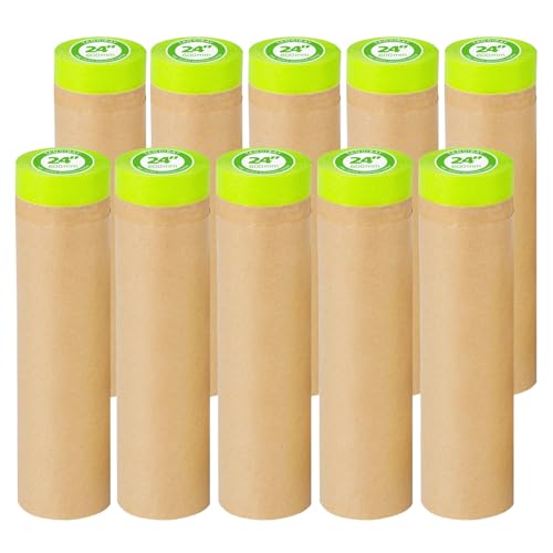 Tangibay Pre-Taped Masking Paper for Painting - 24" x 50' Painters Paper and Tape Attached for Automotive and House Paint Protection, Covering Windows, Skirting, Frames, Cars and Auto-Body (10 Rolls) - size: 10 Rolls: 24"