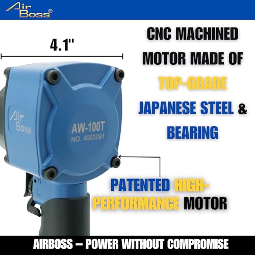 Airboss AW-100T 1/2" Stubby Air Impact Wrench, 700 ft-lbs Breakaway Torque, Twin Hammer, Magnesium Alloy, Compact High Torque Pneumatic Tool for Lug Nuts, Tire Service, Tight Spaces & Auto Shop - size: 700 FT LB