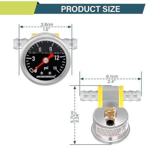 MEASUREMAN 0-15 Psi Glycerin Filled Fuel Pressure Gauge, 1.5” Dial, 304 Stainless Steel Case, 1/8” NPT Center Back Mount, with 3/8” Fuel Line Adapter, Copper Tube & Fittings, Red Aluminum Pointer - size: 0-15 psi, style: Back Mount (7 Pieces Kit Black)