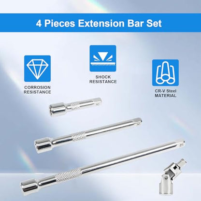 1/4 Inch Drive Socket Extension Bar Set, 4 Piece wrench extender - size: 1/4
