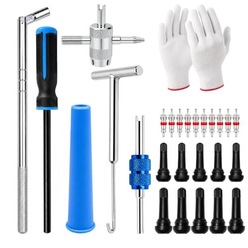 Valve Stem and Core Removal Replacement Tool Kit,Valve Stem Installation Tool Without Removing Tire,Snap Fix Mate Valve Stem with 5 TR413/TR414 for Cars Motorcycles Lawn Mowers ATVs