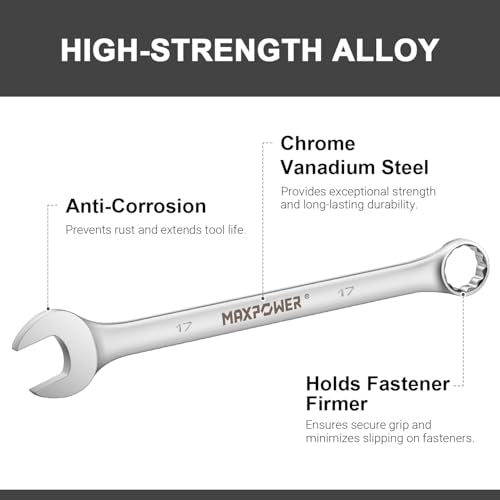 MAXPOWER 17mm Combination Wrench, Industrial Grade Spanners with Chrome Vanadium Steel, Sand Blasted Finish, Forged Heat-Treated - SAE - color: 17 Mm