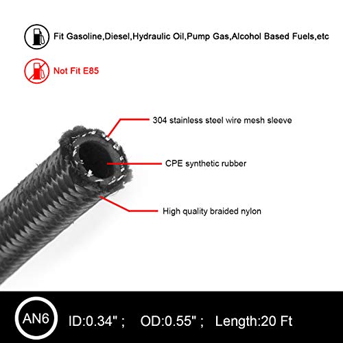 20FT 6AN 3/8 CPE Nylon Stainless Steel Braided Fuel Line Hose, Black & Blue - color: Black & Blue
