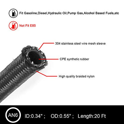20FT 6AN 3/8 CPE Nylon Stainless Steel Braided Fuel Line Hose, Black & Blue - color: Black & Blue