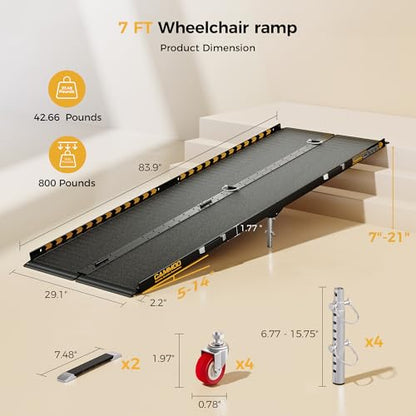 CAMMOO 7 FT Aluminum Wheelchair Ramp with 800 LBS Load Capacity, Portable Folding ramps for wheelchairs - size: 7 FT