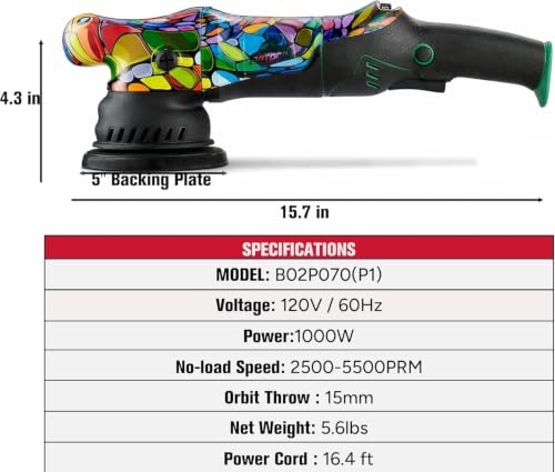 BATOCA P1 Car Buffer Polisher, 1000W High-Torque - 5-Inch 15mm Long-Throw Dual Action Orbital Polisher for Detailing - 6-Speed DA with Anti-Vibration Design & 16.4ft Detachable Cord - Auto, Boat, RV - size: Basic Kit