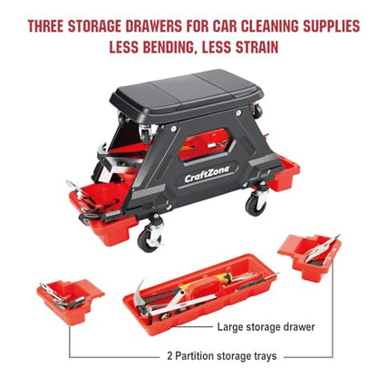 2-in-1 Mechanic Rolling Stool – Detachable Seat with 2 Height Options (High/Low), 300 LBS Heavy Duty Roller Cart, 360° Swivel, Locking Casters & Removable Storage Trays for Garage & Workshop