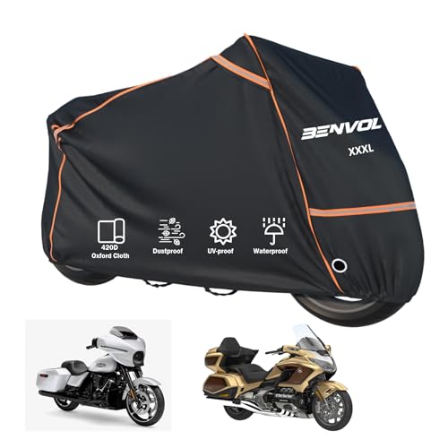 BENVOL 420D Heavy Duty Motorcycle Cover Waterproof Outdoor, 5000mm Rainproof Material Motorbike Cover with 2 Windproof Buckles, Lock Holes & Wide Reflective Strips, Anti-UV Sun Dust Protection - color: Black-XXXL(104*51*51)