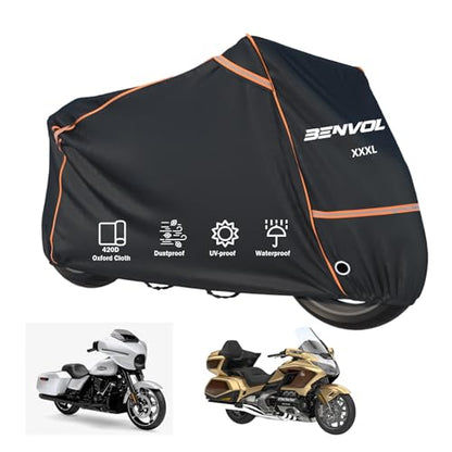 BENVOL 420D Heavy Duty Motorcycle Cover Waterproof Outdoor, 5000mm Rainproof Material Motorbike Cover with 2 Windproof Buckles, Lock Holes & Wide Reflective Strips, Anti-UV Sun Dust Protection - color: Black-XXXL(104*51*51)