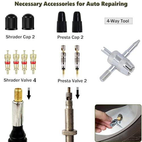 Tire Valve Stem Removal Tool Kit, R134A R12 A/C Schrader Valve Stem Core Remover Tool for Car Bicycle Tyre RV Truck, 4 Schrader/Presta Valve Caps, 6Pcs Valve Core, 3 Automotive Tools Wrench