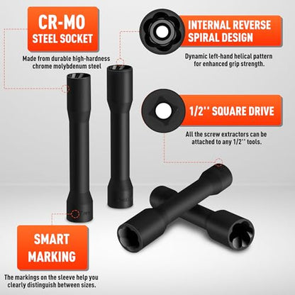 5PCS Deep Lug Nut Remover, 1/2" Spiral Twist Socket Extractor Kit