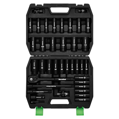 TecoTek 1/2" Drive Deep Impact Socket Set, 38-Piece Socket Set SAE 3/8 to 1-1/4 inch and Metric 10-32mm Size, Includes Extension Bars, Universal Joint, Adapter and Ratchet Handle, 6 Point, Cr-V Steel - style: 1/2" Drive 38pcs Impact Socket Set
