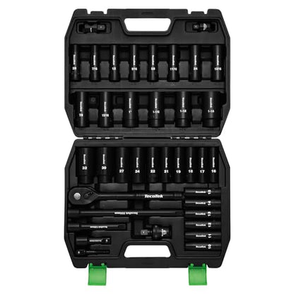 TecoTek 1/2" Drive Deep Impact Socket Set, 38-Piece Socket Set SAE 3/8 to 1-1/4 inch and Metric 10-32mm Size, Includes Extension Bars, Universal Joint, Adapter and Ratchet Handle, 6 Point, Cr-V Steel - style: 1/2" Drive 38pcs Impact Socket Set