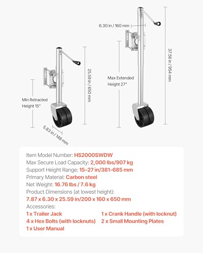 VEVOR Trailer Jack with Wheel, 2000 lbs Load Capacity, Heavy Duty Swivel Boat Trailer Jack with PP Dual Wheel & Ergonomic Handle, 15-27 Inch Lift Range, Fit for RVs, Boats and Utility Trailers - size: 2000lbs Upgraded (15-27 Inch Lift Range)