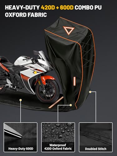COVERVIN Full Enclosed Motorcycle Cover, 600D Heavy Duty Waterproof Motorcycle Cover, Outdoor UV Protection with Reflective Strips, Fits 96" Harley Honda Yamaha Suzuki, Black - size: XXL-96"