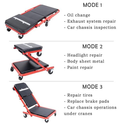 Mechanic Creeper 36-inch 3-in-1 Mode Z Seat 340lbs Capacity, Foldable Garage Adjustable Rolling Folding with 6pcs Wheels Roller, Lay Down Sit Lean Back, Under Car Auto Repair (Red Frame) - color: Red