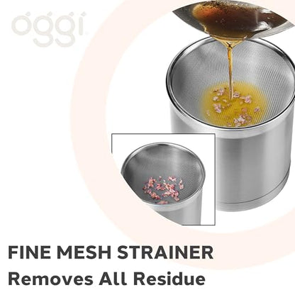 Oggi Stainless Steel Jumbo Grease Container with Removable Strainer and Snug Lid. Perfect container for fryer oil, bacon drippings, lard and ghee oil. Large capacity can - 1 Gall / 4 Qt / 3.75 Lt - size: 4 Quarts