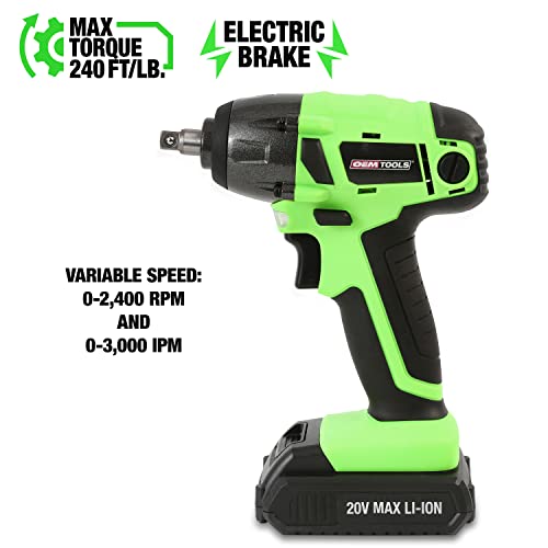 OEMTOOLS 24661 3/8" Cordless Impact Wrench, 20V Battery, 240 Ft/Lb Nut-Busting Torque, Variable Speed With Electric Brake