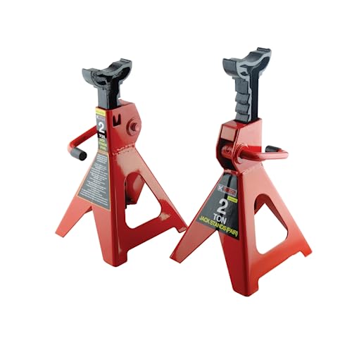 K Tool International 61201 2 Ton Automotive Jack Stands for Garages, Repair Shops, and DIY, Lightweight, 4,000 lbs. Capacity, Heavy Duty Steel Frame, Adjustable Height 10.75"-16.73", Red/Black, Pair