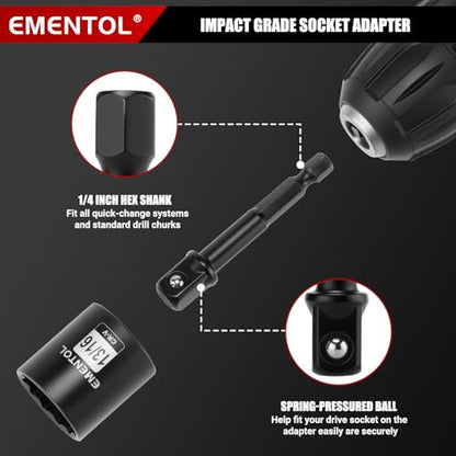 EMENTOL 3/8" Drive Impact Socket Set, 25PCS, SAE(5/16"- 1"), Deep and Shallow, 12 Point, Includes Drill Bit Adapter - size: 3/8" Drive (8-25mm)