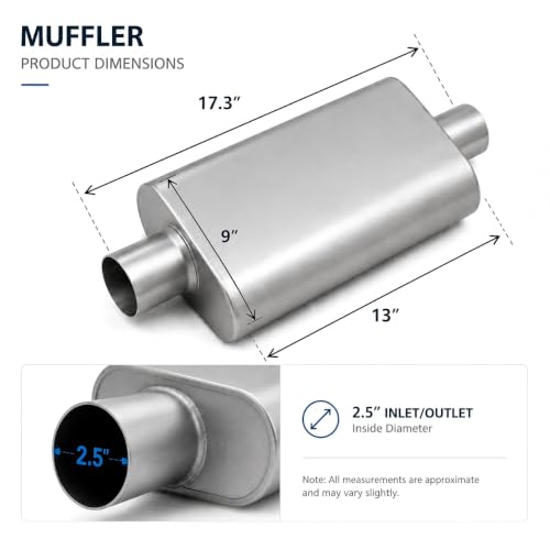 Universal 2.5" ID Center/Center Dual Chamber Muffler - Aggressive Deep Sound, Silver Aluminized Steel, Welded/Clamp-On (17" Total Length) - color: Silver, size: 2.5 Inch