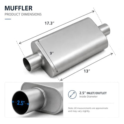 Universal 2.5" ID Center/Center Dual Chamber Muffler - Aggressive Deep Sound, Silver Aluminized Steel, Welded/Clamp-On (17" Total Length) - color: Silver, size: 2.5 Inch