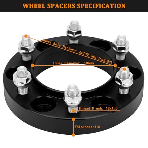 BRTEC 1inch Wheel Spacers 6x139.7 M12x1.5 Studs 106mm Bore - color: 1inch-4pcs