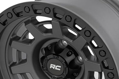 Rough Country 85 Series 17x9 Wheel - 5x4.5" Bolt Pattern, 12mm Offset, Gunmetal Gray with Black Simulated Beadlock, One-Piece Aluminum Off-Road Wheel