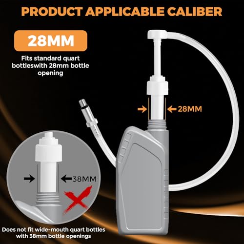 Lower Unit Gear Oil Pump for Standard Quart Bottles for 28mm bottle caps，10CC Per Pump Stroke，gear oil pump for quart bottle 3/8 inch Metal Swivel， 8mm and 10mm， 3rd Hand Adapter and 19 inch hose