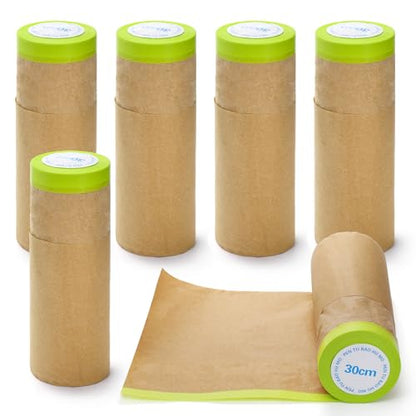 Jucoan 6 Rolls Pre-Taped Masking Paper for Painting, 12 Inch x 30 Feet Tape and Drape Automotive Painter Masking Paper for Car Wall Frame Floor