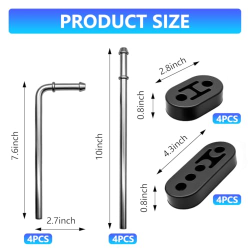16 PCS Exhaust Hanger Rod Set, 3/8" (10mm) Heavy Duty Zinc Coated Steel Hangers, 7.6" 90° Angle & 10" Straight Rods, 2/4 Hole Rubber Insulators for Car Automotive Muffler Replacement