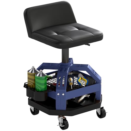 HOMCOM Rolling Mechanic Stool 300 LBS Capacity, Backrest 360° Wheels Blue - color: Blue
