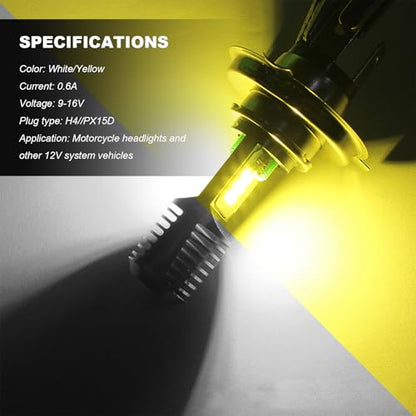 9-16V H4 LED Motorcycle Headlight Bulbs, Super Bright 3030 Chips Bulb Halogen Lamp Replacement, Waterproof High/Low Beam LED Headlight Bulb for Most Motorcycles ATVs (White & Yellow) - color: H4, White & Yellow