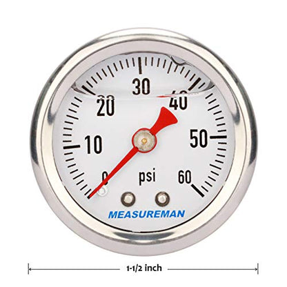 MEASUREMAN 1.5" Dial Size, 304 Stainless Steel case, Liquid Filled Fuel Pressure Gauge, 0-60Psi, 3-2-3%, 1/8" NPT Center Back Mount - size: 0-60 psi, style: Back Mount