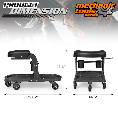 M-AUTO Garage Roller Seat Heavy Duty Rolling Shop Mechanic Creeper/Shop Stool with Tool Tray and Equipment Rack, 300LBS Capacity Creeper Seat with 5 Rollers for Detailing Car, Red
