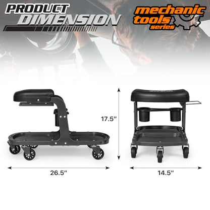 M-AUTO Garage Roller Seat Heavy Duty Rolling Shop Mechanic Creeper/Shop Stool with Tool Tray and Equipment Rack, 300LBS Capacity Creeper Seat with 5 Rollers for Detailing Car, Red