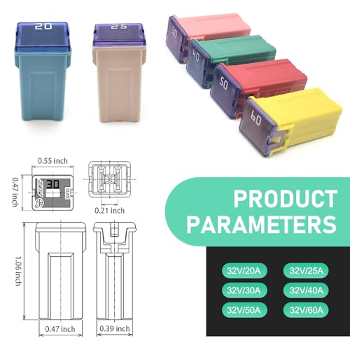 6 PCS Car Fuse Assortment Kit, Vehicle Micro Cartridge Fuses, Mini Jcase Fuse Assortment Low Profile 20A 25A 30A 40A 50A 60A, Box Shaped Automotive Fuse Kit for Cars Trucks and SUVs