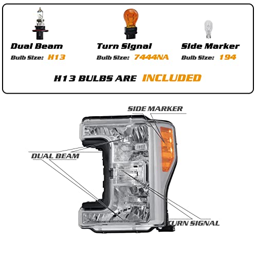 Aosky Halogen Headlights for 2017-19 Ford F250 F350 F450 F550 Super Duty - color: Chrome Housing with Amber Reflector, size: Bulbs Included