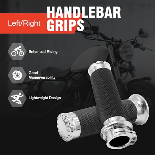 1 Inch Motorcycle Grips Handlebar Grips Cable Throttle, Chrome Motorcycle Grips Replaccement for Harley Davidson Sportster Touring Dyna Softail Street Glide 883 1200