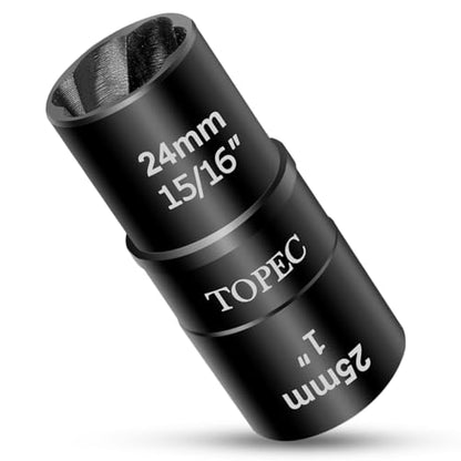 Topec 24mm x 25mm Flip Lug Nut Extractor, 1/2" Drive Lug Nut Removal Tool, 2-IN-1 Wheel Lock Remover Socket - size: 24 x 25mm