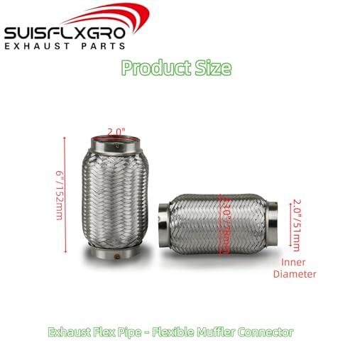 Exhaust Flex Pipe (Interlock Lining OEM-Grade) 100% Stainless Steel SS304 For Heavy Duty and Cars (1 PC, 2X6) - size: 2X6