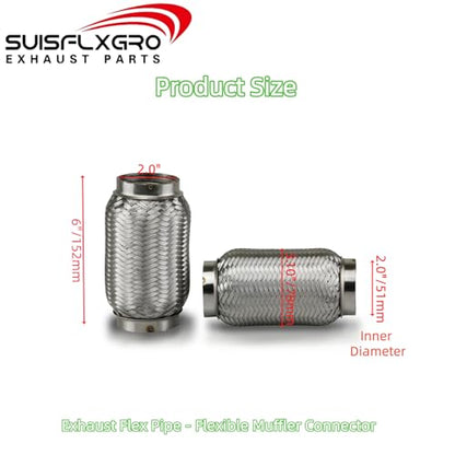 Exhaust Flex Pipe (Interlock Lining OEM-Grade) 100% Stainless Steel SS304 For Heavy Duty and Cars (1 PC, 2X6) - size: 2X6