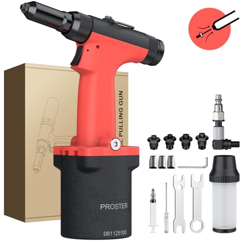 Proster Self-Suction Pneumatic Rivet Gun - Automatic Rivet Loading with 4 Nosepieces (3/32", 1/8", 5/32", 3/16"), 360° Swivel Air Hose Fitting for Automotive Marine Metal Fabrication - size: 4 Nozzles