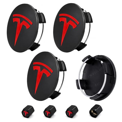 4 Pack Wheel Center Cover for Tesla Model 3 & Model Y,56mm Hubcaps Wheel Rim Cover Tesla Center Caps Hubcaps+4 Car Valve Stem Caps (Matte Black+Red Emblem) - color: Matte Black+Red Emblem