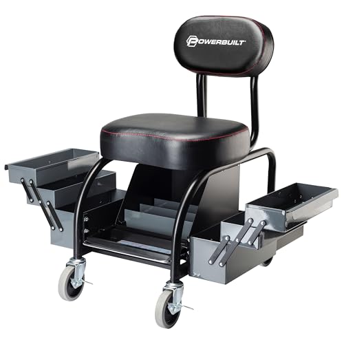 Powerbuilt Professional Mechanics Roller Seat, Heavy Duty Padded Detailer Seat and Backrest, Sliding Storage Drawers, Tool Tray, Can Holders, 4-Inch Swivel Wheels - size: Sliding Storage Drawers