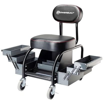 Powerbuilt Professional Mechanics Roller Seat, Heavy Duty Padded Detailer Seat and Backrest, Sliding Storage Drawers, Tool Tray, Can Holders, 4-Inch Swivel Wheels - size: Sliding Storage Drawers