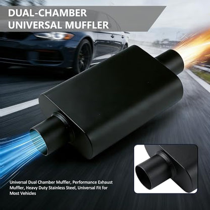 Universal 3 Inch Performance Muffler - 3" Offset In 3" Center Out - Black High Temperature Paint - 17.3" Overall Length, Performance Exhaust Muffler for Trucks, Cars, SUVs - size: 3 inch