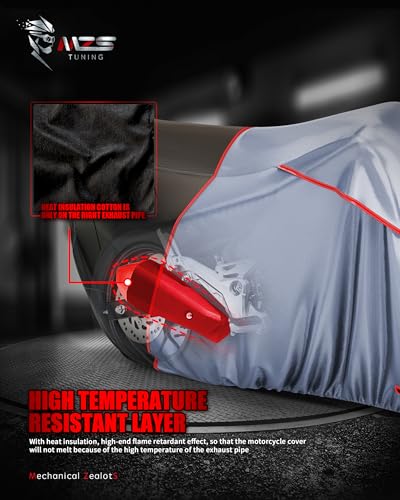 MZS Motorcycle Cover Waterproof Outdoor, Heavy Duty All Season Weather Sun Protection with Storage Bag Vents Night Reflective Cotton Lining Lock Holes fits up to 86" Motorbikes Vehicle Covers - size: Large 86 inches