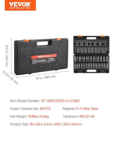 VEVOR 1/2" Drive Impact Socket Set, 26 Piece, Metric 10 to 36 mm - size: 1/2" 26 PCS