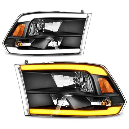AUTOSAVER88 LED DRL Switchback Headlight Assembly Compatible with 2009-2018 Dodge Ram 1500 2500 3500/2019-2022 Ram 1500 Classic Replacement Headlamp Black Housing Clear Lens (Only for Quad Models) - color: LED Switchback - Black/Amber/Clear